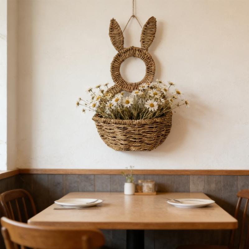 Handwoven Rabbits Ear Shape Flower Basket Natural Rattan Breathable Flower Holder for Home Decors and Storage
