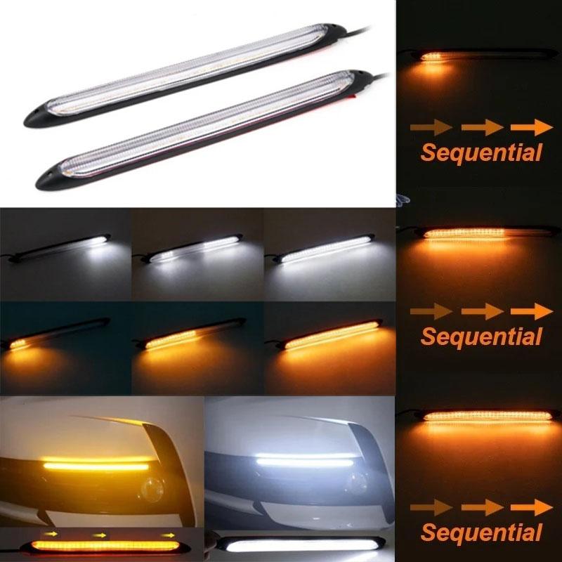 2PCS Car DRL LED Daytime Running Light Flow Yellow Turn Signal White Auto Headlight Strip Flashing Signal Lamp 12v Universal