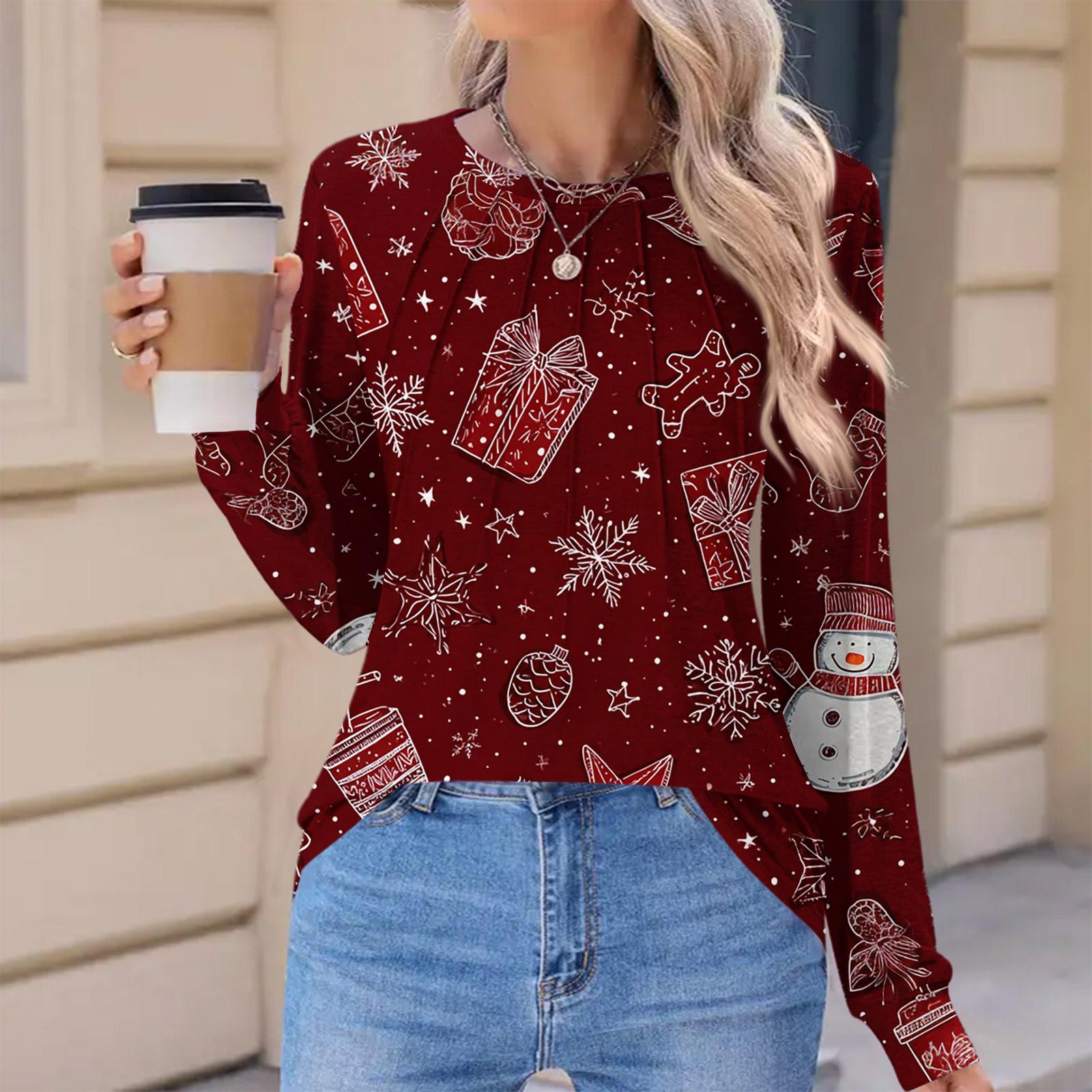 

Женская модная повседневная футболка с рождественским принтом, плиссированная, удобная, с круглым вырезом, свободная, с длинным рукавом S винный