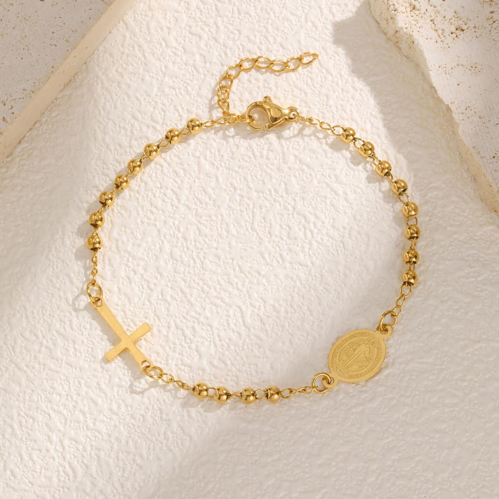 Heiliges dreifarbiges Rosenkranz-Kreuz-Armband für Damen, Edelstahl Goldfarbe Benedikt Runde Perlen Armbänder, Christentum Schmuck