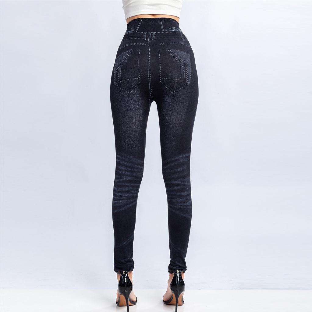 Women's Stretchy Skinny Print Jeggings Lmitation Jeans Seamless Ninth Pants