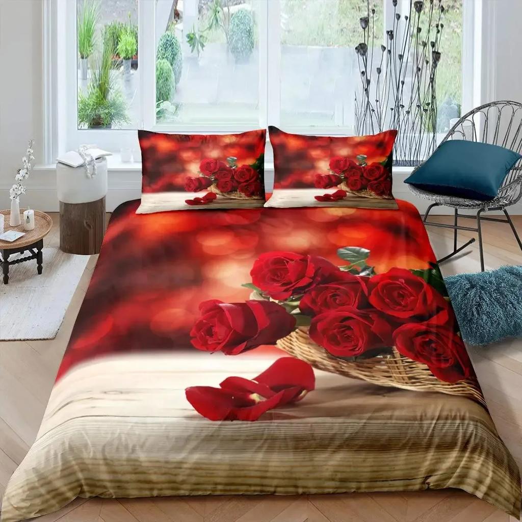 Valentine'S Day Rose Duvet Cover Set Romantic Couple Theme Bedding Set 3D Rose Comforter Cover Set Love Bedspread Twin King Size