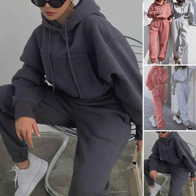 2 Pcs/Set Fall Hoodie Pants Set Loose Elastic Waist Long Sleeves Hooded Solid Color Keep Warm Thick