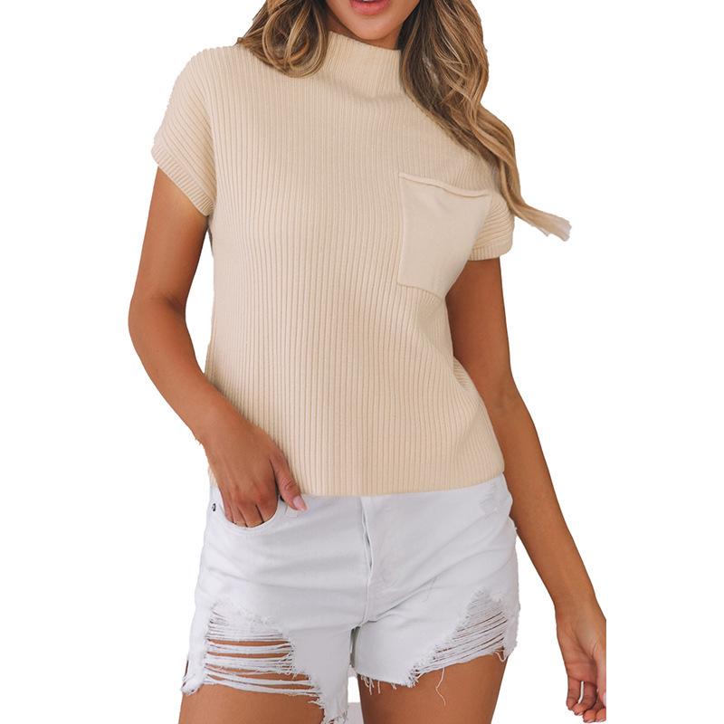 2025 Women's High Neck Short Sleeve Ribbed Knit Pullover – European & American Fashion