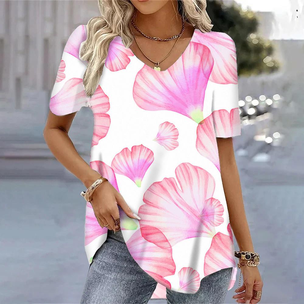 Women's T-shirt 3D Floral Pattern Printing Casual Short-sleeved V-neck Loose Top