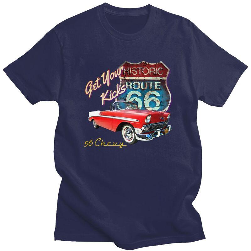 Custom Classic Car Route 66 T Shirt for Men 100 Cotton Tshirt Casual Tees Short Sleeve Tshirts Loose Fit Clothing Gift