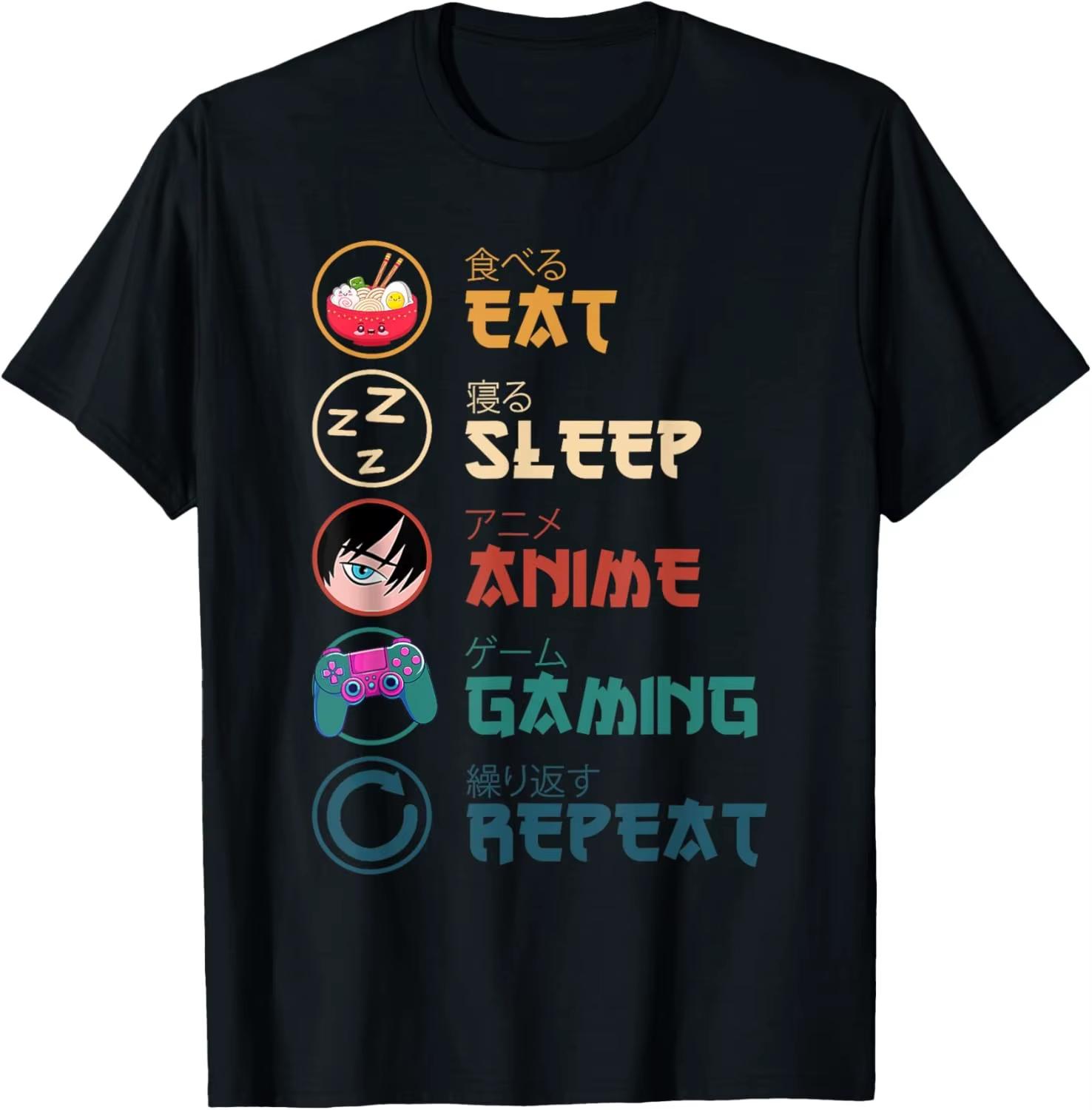 

Eat Sleep Anime Gaming Repeat Kawaii Otaku Anime Unisexga Custom Printed Graphic T Shirts Customizable oversized t shirt stitch S