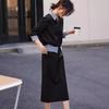 Internet Celebrity Patchwork Shirt Collar Sweatshirt & Midi Skirt Set for Women - Autumn Casual Two-Piece Ensemble