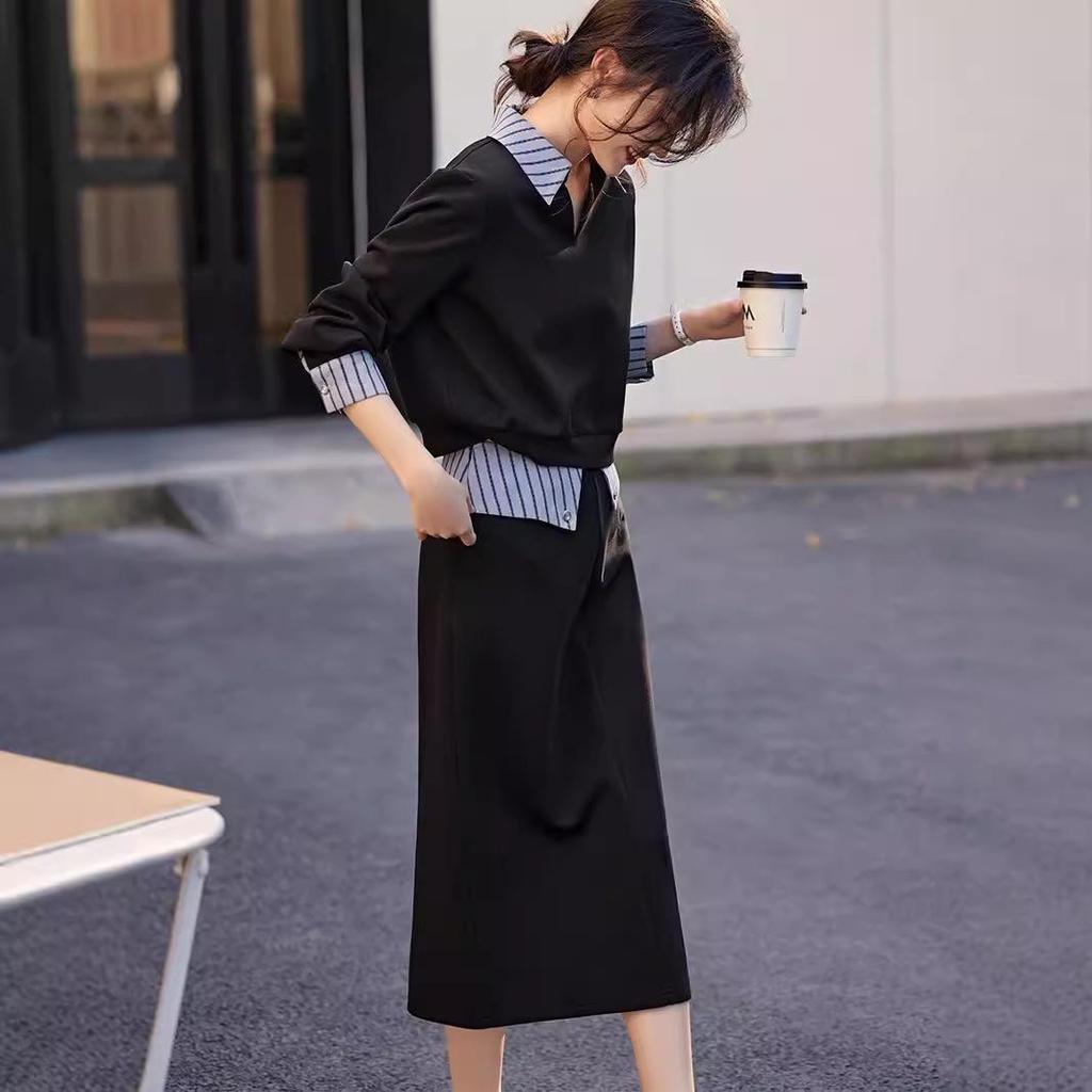 Internet Celebrity Patchwork Shirt Collar Sweatshirt & Midi Skirt Set for Women - Autumn Casual Two-Piece Ensemble