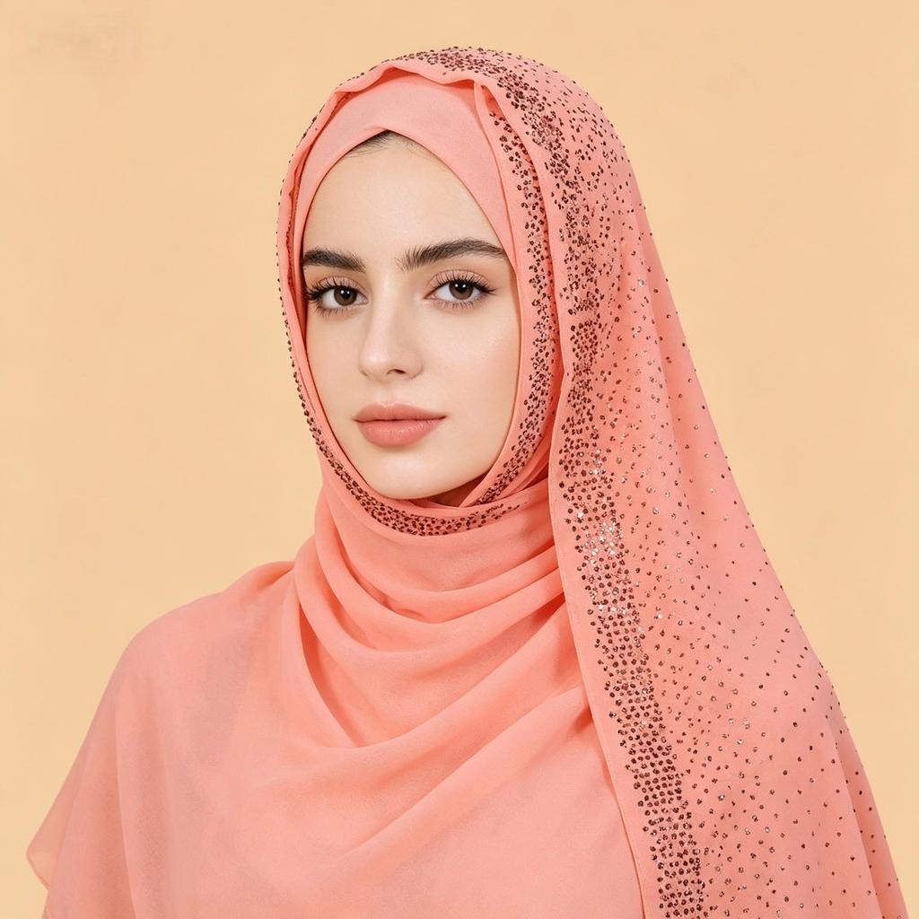 Full Cover Rhinestone Chiffon Scarf Solid Color Breathable Prayer Hijab Crinkle Shawl
