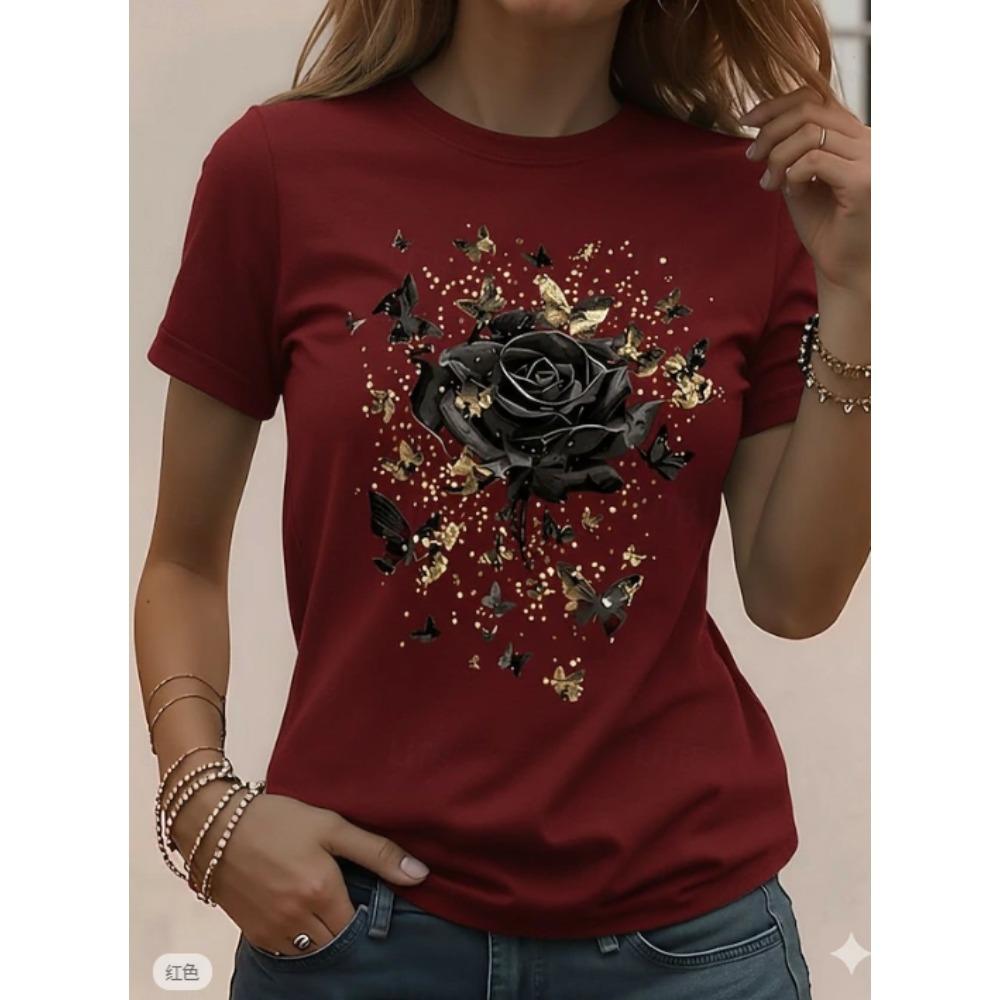 Mode Damen Retro Kreatives Muster Rosen Print T-Shirt Lustig Lässig Rundhalsausschnitt Kurze Ärmel T-Shirt Sommer Damen T-Shirt