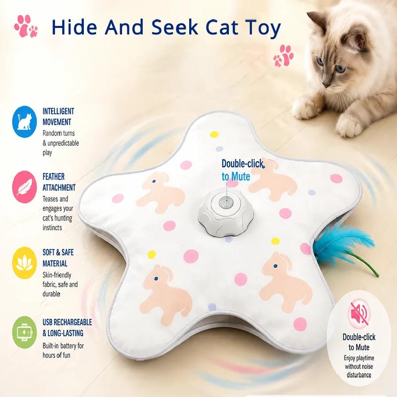 Interactive Hide And Seek Cat Toy Motion Activated Hunting Cat Toy with Bird Sound Silent Mode Moving Feather for Indoor Cats