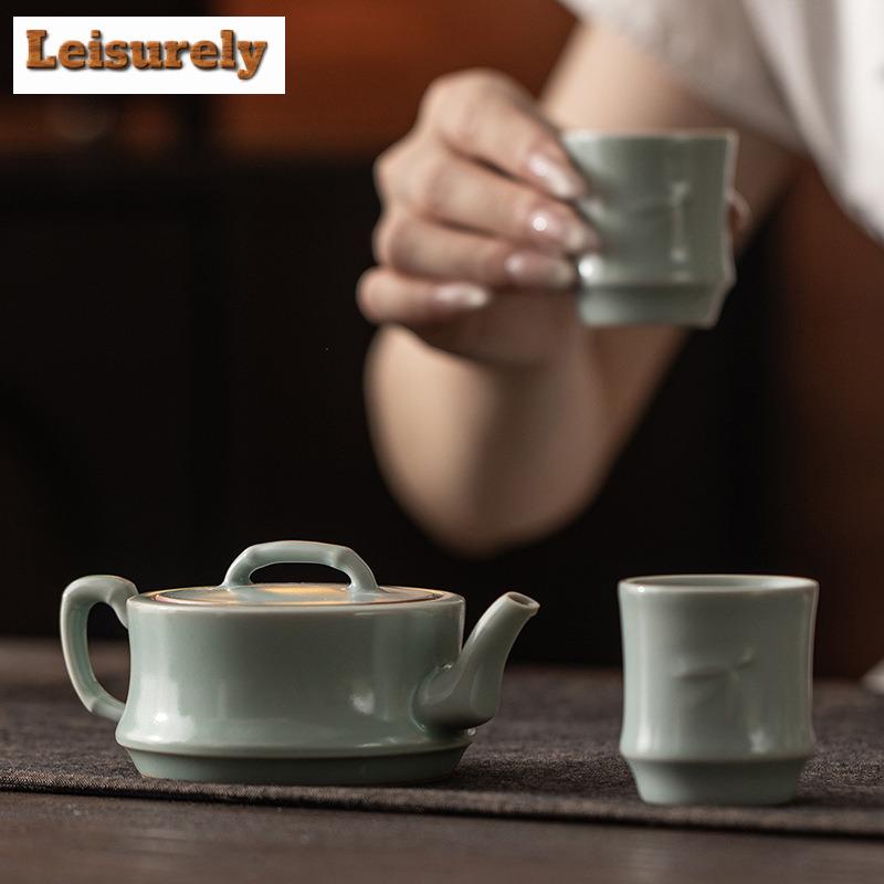 125ml Czajniczek Ru Kiln Azure z Kolankami Bambusowymi Vintage Czajniczek z Sitkiem Czajniczek do Parzenia Herbaty z Otworem na Kulkę Artykuły Stołowe Prezent Rękodzieło