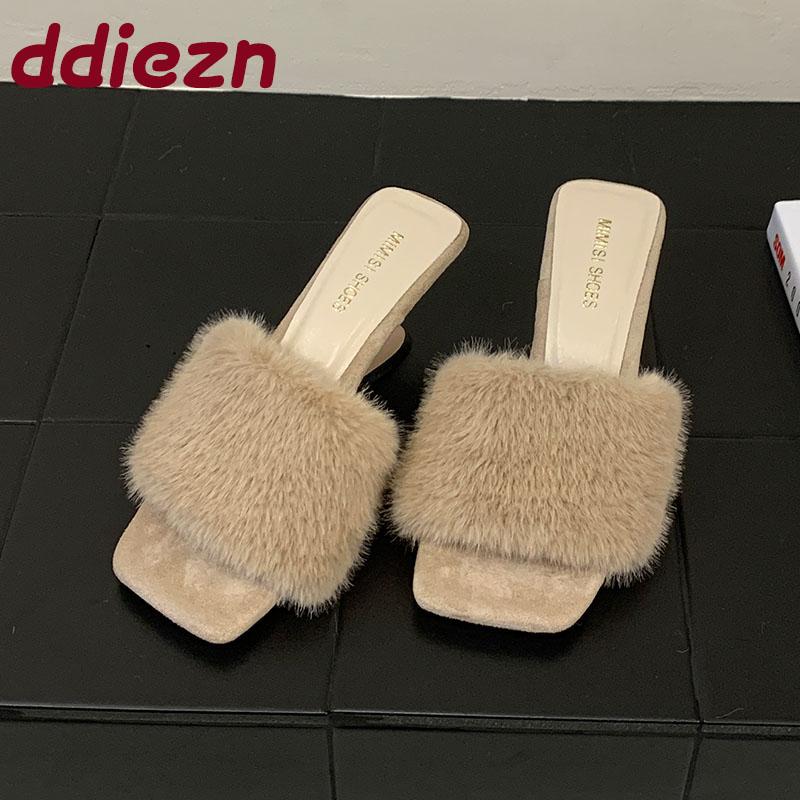 Fashion Female Wedges Footwear Warm Fashion Fur Women Pumps Heels Shoes Slides Square Toe Ladies Heeled Sandals Wedges Shoes