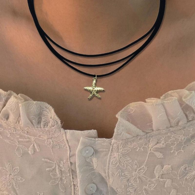 Bohemia Starfish Pendant Choker Black Rope Chain Y2K Star Charm Necklace Long Adjustable Chain Unique Holiday Gift