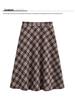 Women's Retro Brown Plaid Woolen High Waist A-Line Skirt - Elegant Slimming Mid-Length for 2025 Autumn/Winter