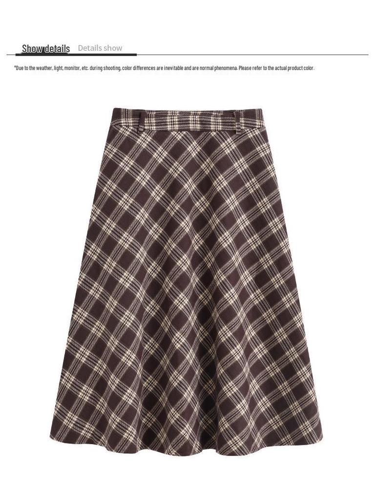 Women's Retro Brown Plaid Woolen High Waist A-Line Skirt - Elegant Slimming Mid-Length for 2025 Autumn/Winter