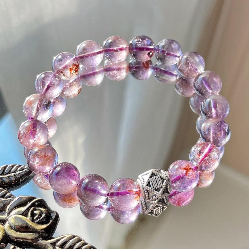 Pulsera de Plata 925 de 10 mm, Pulsera de Fantasma Morado Natural de Alta Calidad