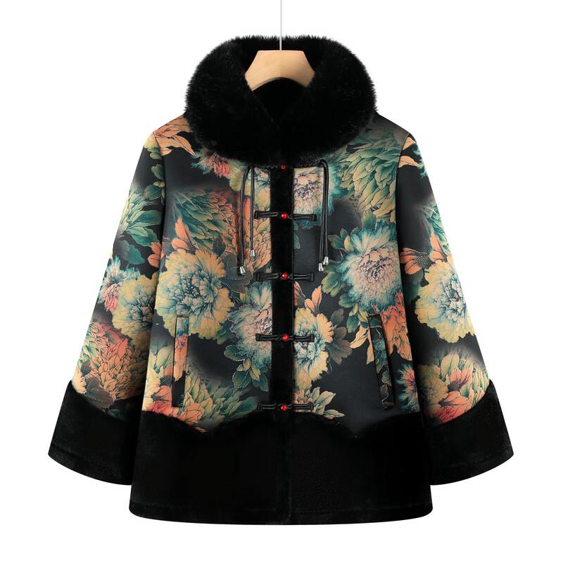 Elderly Women's Retro Floral Padded Winter Coat
