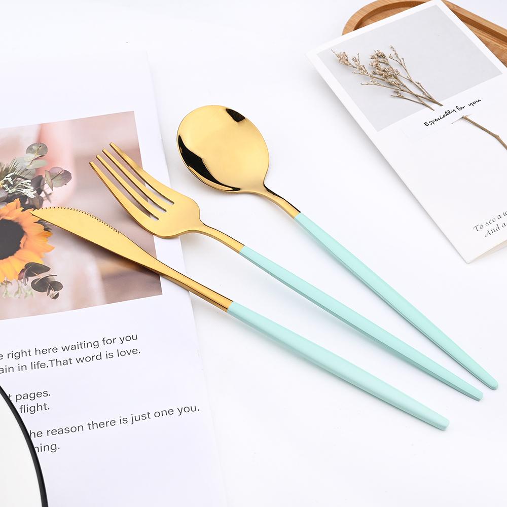 16Pcs Dinnerware Knife Fork Coffee Spoon Cutlery Set  Flatware Stainless Mint Green Gold Steel Silverware Tableware Set