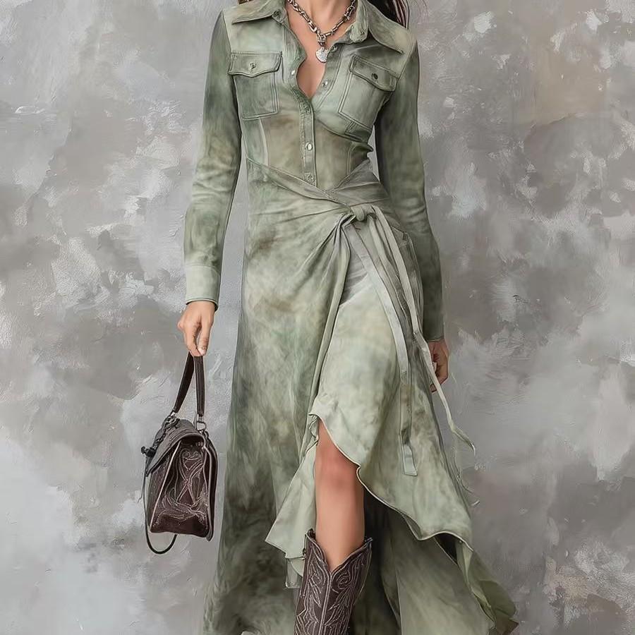 Spot 2026 independent station new printing and dyeing long-sleeved retro light national style vacation long dress dress