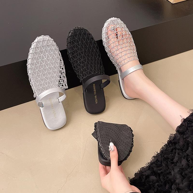 Soft Bottom One Pedal Two Wear Mesh Hollowed Out Bag Head Half Slippers Women's Outer Wear 2025 with Skirt Mary Jane Sandals Tide