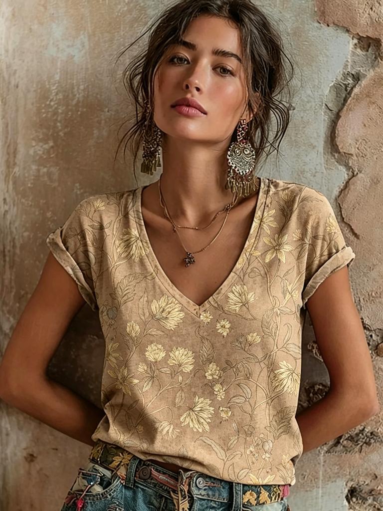 Damen Vintage Orange Floral Rankenprint V-Ausschnitt T-Shirt, Lässige Kurzarm Tops, Retro Boho Tägliche Kleidung für Frühling & Sommer