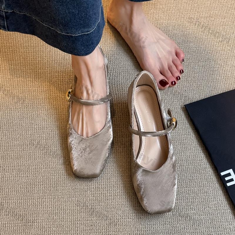 Women's Mary Jane Shoes Summer New Vintage Elegant High Heels Comfortable One Word Buckle Strap Square Toe Casual Shoes