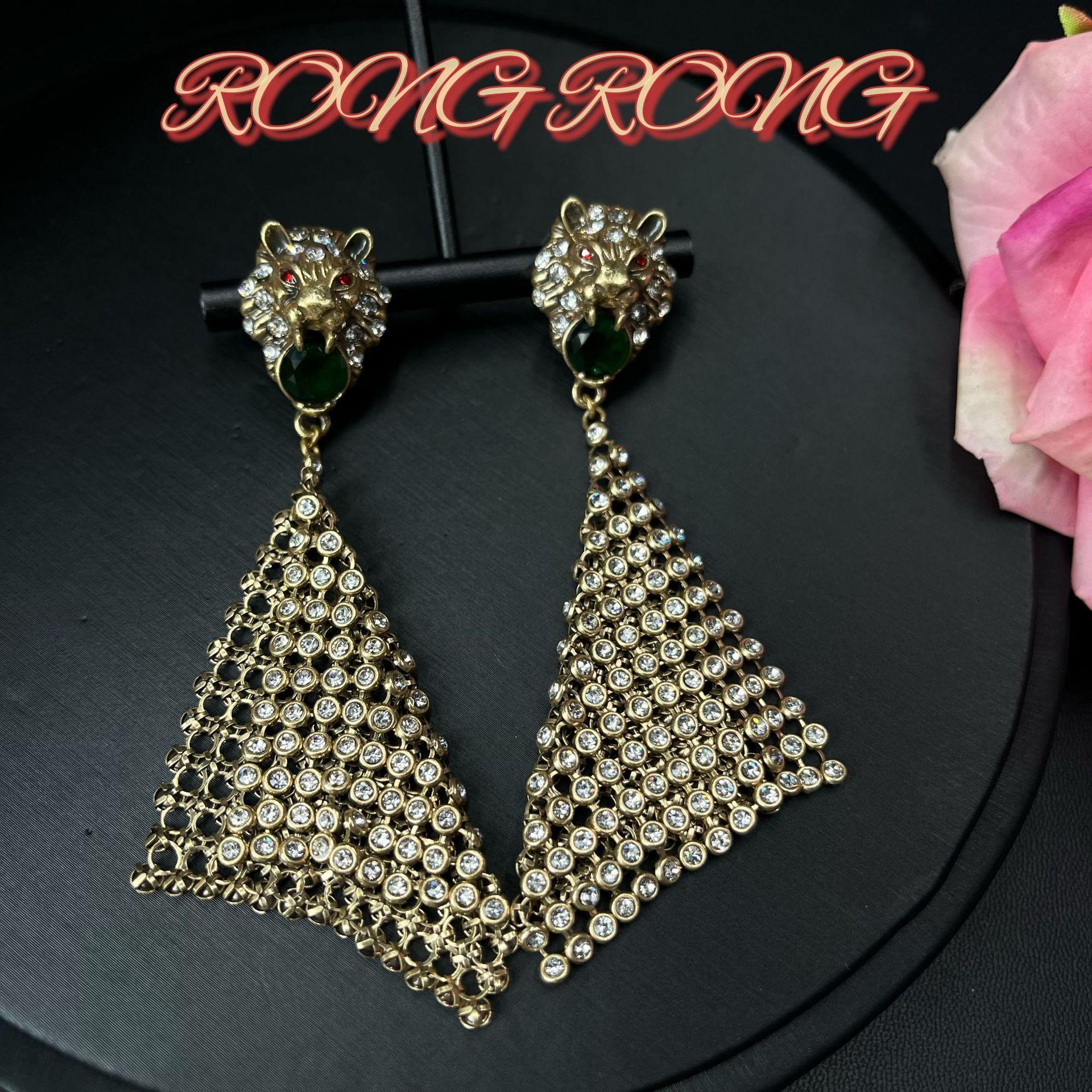 Medieval Vintage Exaggerated Lion Studded Hollow Mesh Earrings Electroplated Heavy Industry Personality Atmospheric