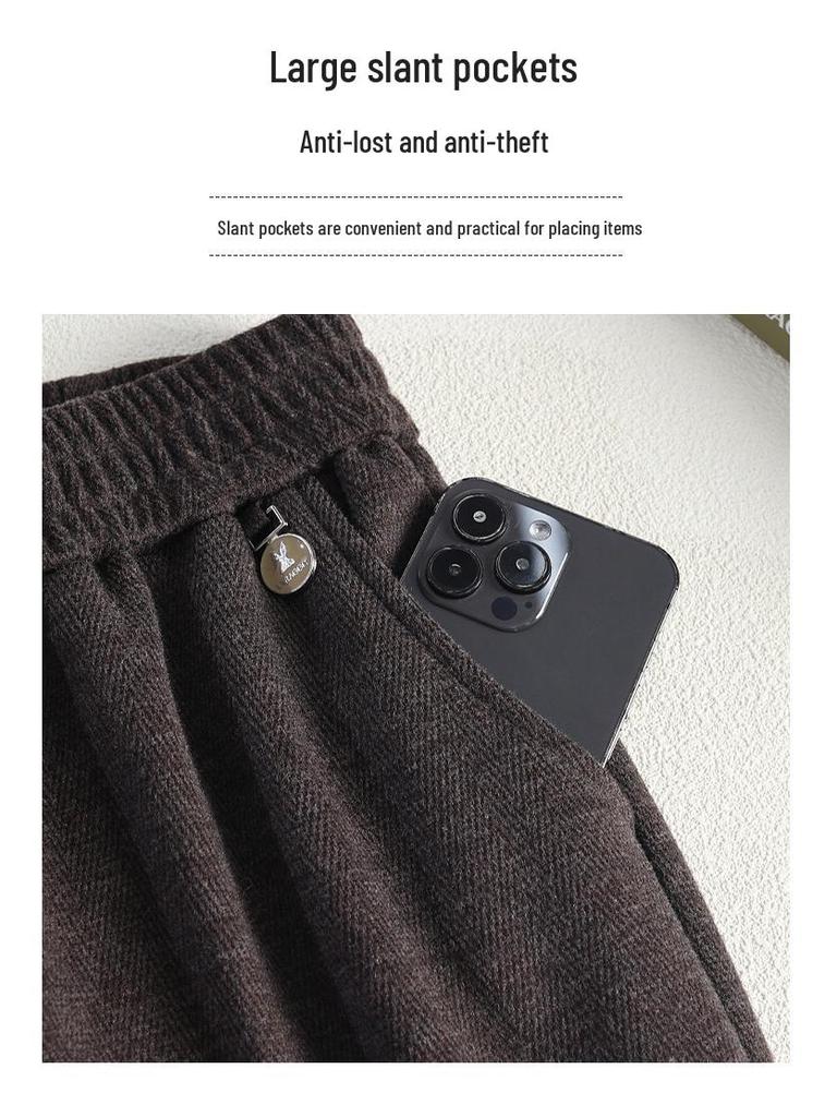 Dámské fleecem podšité elastické v pase kalhoty s vysokým pasem volného střihu s rovnými nohavicemi na jaro a podzim