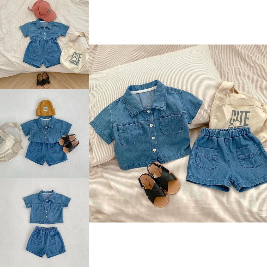 Summer Baby Denim Short Sleeve Pocket Top And Shorts Set For Boys And Girls 2 Piece Outfit