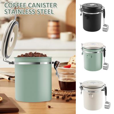 1.5L Coffee Bean Vacuum Sealed Tank 304 Stainless Steel Coffee Storage Can with Spoon for Kitchen Grain Tea Nut Organizer