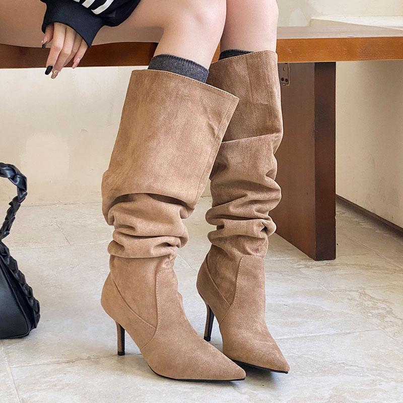 Mode Mode Spitzschuh Damen Moderne Stiefel mit dünnen Absätzen Schuhe Flock Damen Kniehohe Stiefel Slipper Damenschuhe