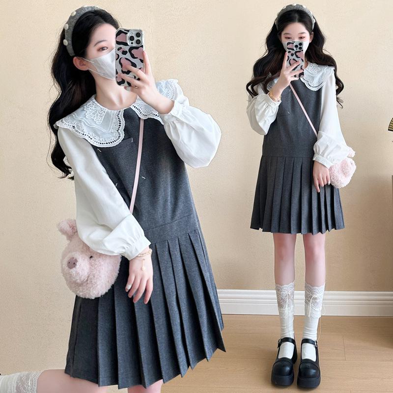 Available: Spring Maternity Two-Piece Set - Doll Collar Shirt & Pleated Vest Dress Medium