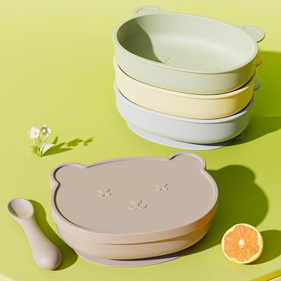 Tigela de Silicone para Bebê com Tampa, Ventosa de Grau Alimentar, Anti-Queda, Design Ursinho