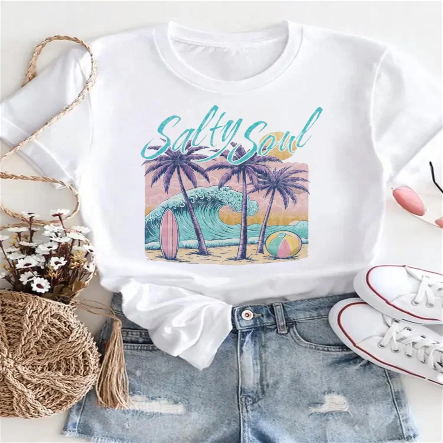 Casual Printed Top Watercolor Women s Fashionable Short Sleeved Travel T-Shirt Cute Women s Surfboard Pattern Clothing T-Shirt S