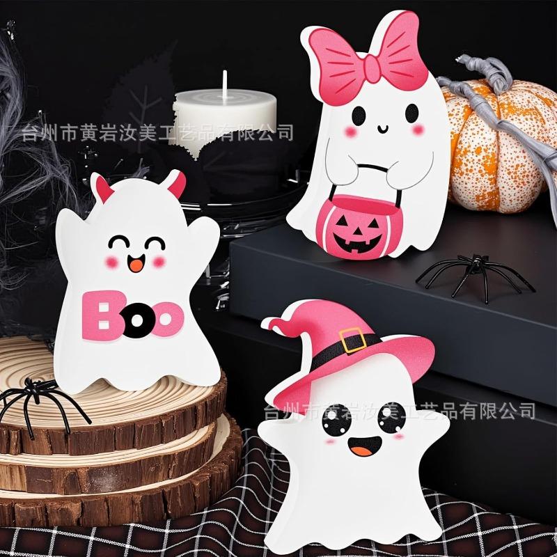 Halloween cute ghost pink tabletop ornament layered tray decoration holiday party wooden crafts