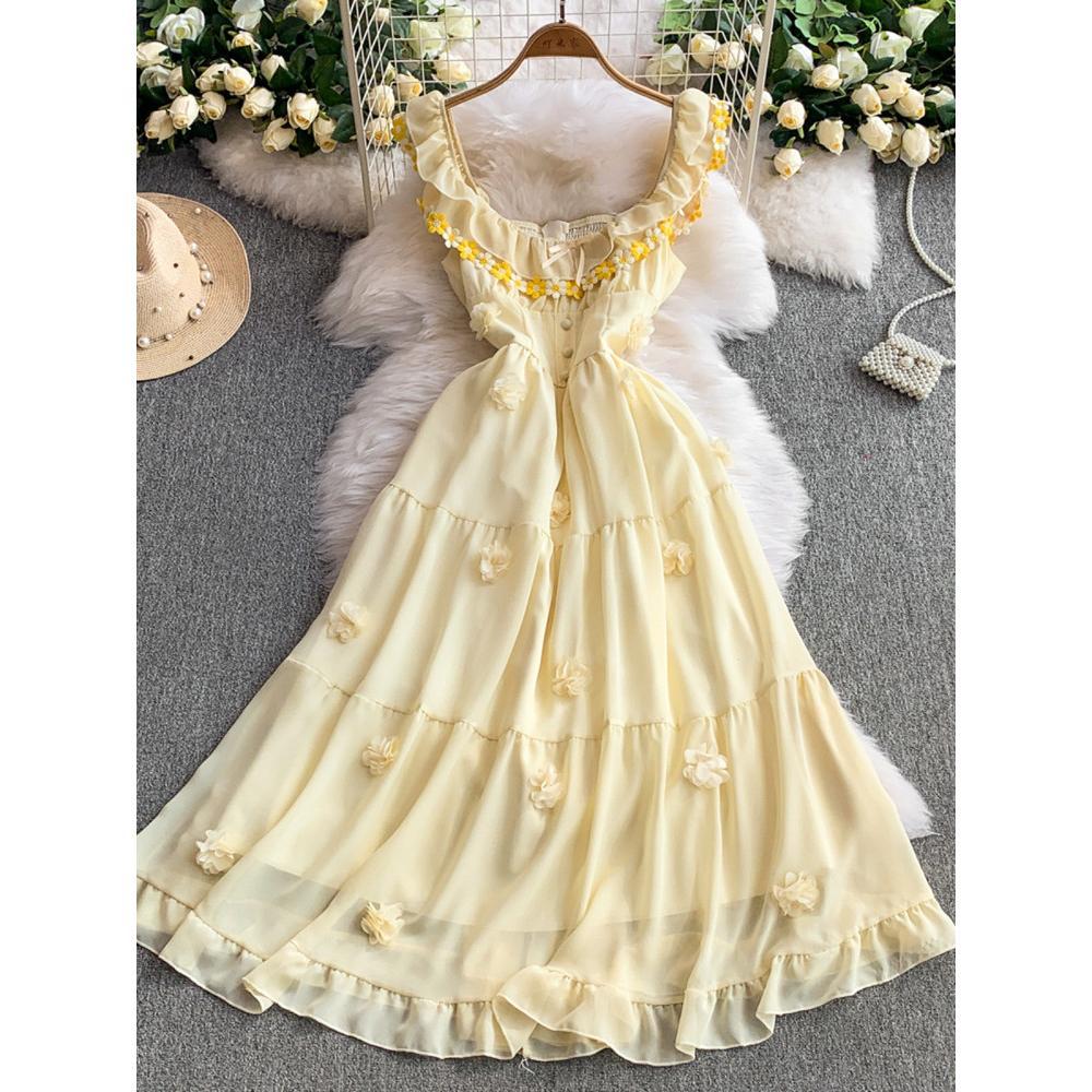 French Sweet Blue Three-dimensional Flower Small Flying Sleeve Suspender Dress Women's Casual Summer Vacation Style Thin Dress