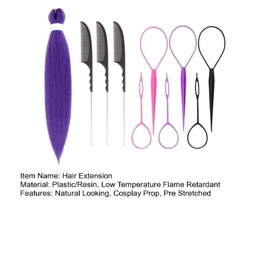 1/2/3 Sets 26-Inch Long Purple Hair Extension with Comb Bun Maker Hairdressing Tools Party Pre Stretched Straight Synthetic Hair Extension