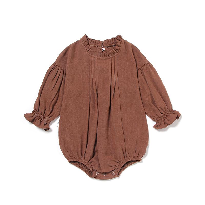 European & American Long-Sleeve Linen Jumpsuit for Baby Girls - Solid Color Climbing Romper