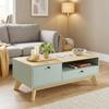 Living Room Coffee Table, Rectangular Side Table with Drawer, Door and Open Compartment, Light Green and Oak