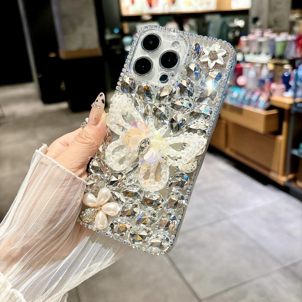 For iPhone 16 Pro Case Glass Rhinestone Decor Butterfly Pattern TPU Phone Back Cover