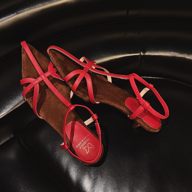 

French light luxury open-toed strap sandals women s 2025 new summer pointed temperament thin cat heel women s shoes 34 червоний
