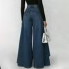 Women Pants High Waist Buttons Zipper Closure Denim Pants with Pockets Irregular Large Hem Wide Leg Solid Color Casual