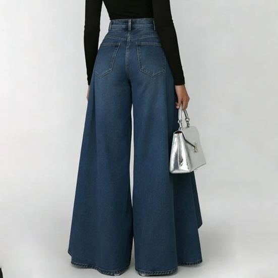 Women Pants High Waist Buttons Zipper Closure Denim Pants with Pockets Irregular Large Hem Wide Leg Solid Color Casual