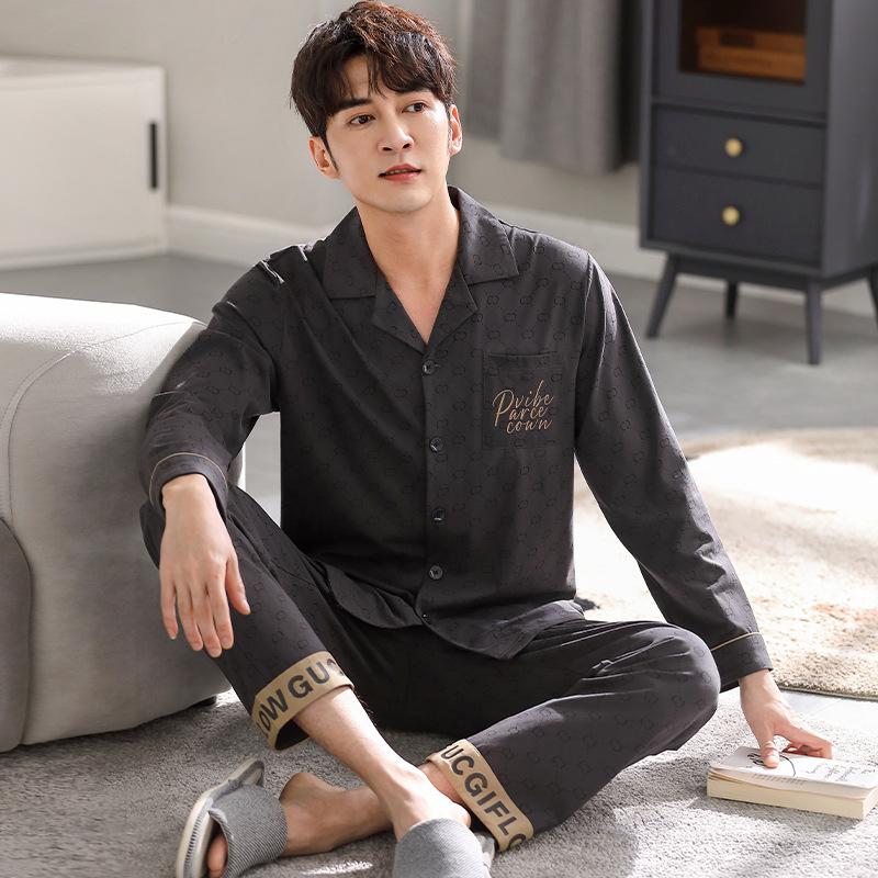 Pajamas Men'S Spring And Autumn Pure Cotton Long-Sleeved Thin Four-Season Cool Cotton Spring And Summer Can Wear Large-Size Loungewear Suit