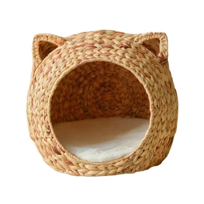 Natural Cattail Kennel for Cats Handmade Weaving Semi-Enclosed Pet House Cool and Breathable Cat Cage Pet Nest