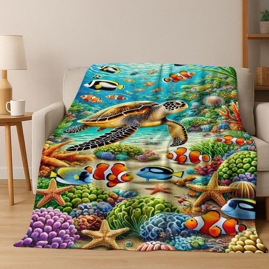 Dream Underwater World Sea Dolphin Turtle Coral Art Flannel Blanket,Cozy Soft Throw Blanket for Home Bedroom Bed Sofa Gift Kids