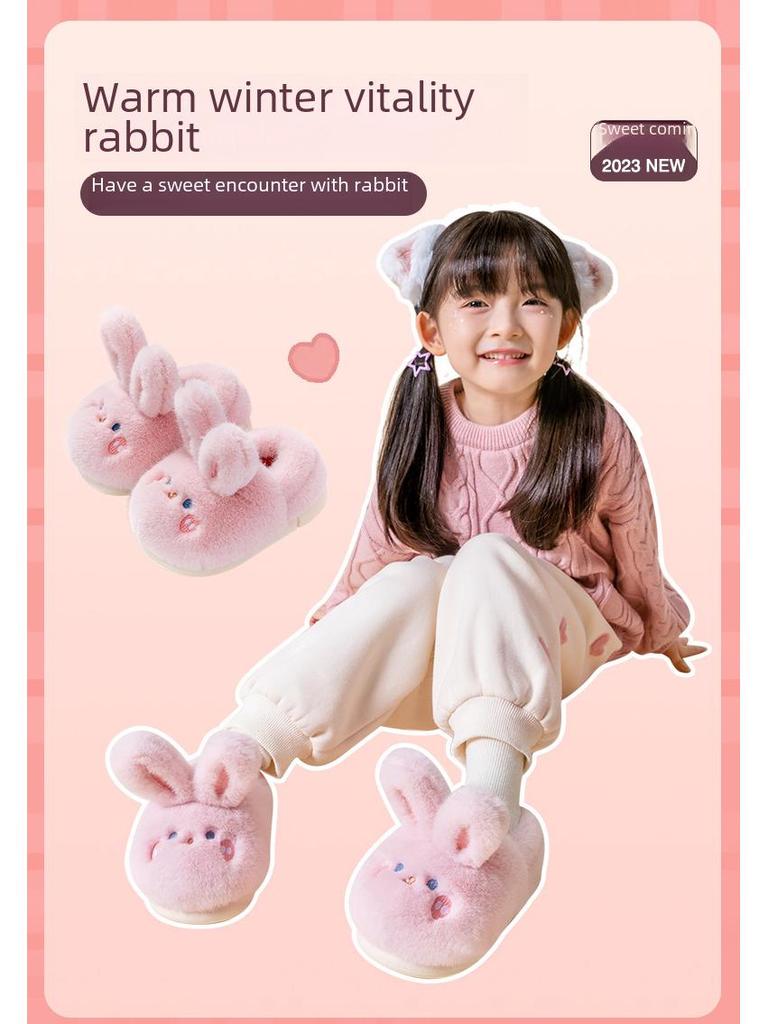 Winterwarme rutschfeste Baumwollpantoffeln für Kinder - Niedliches Hasendesign, Plus Samt, Geeignet für Jungen und Mädchen