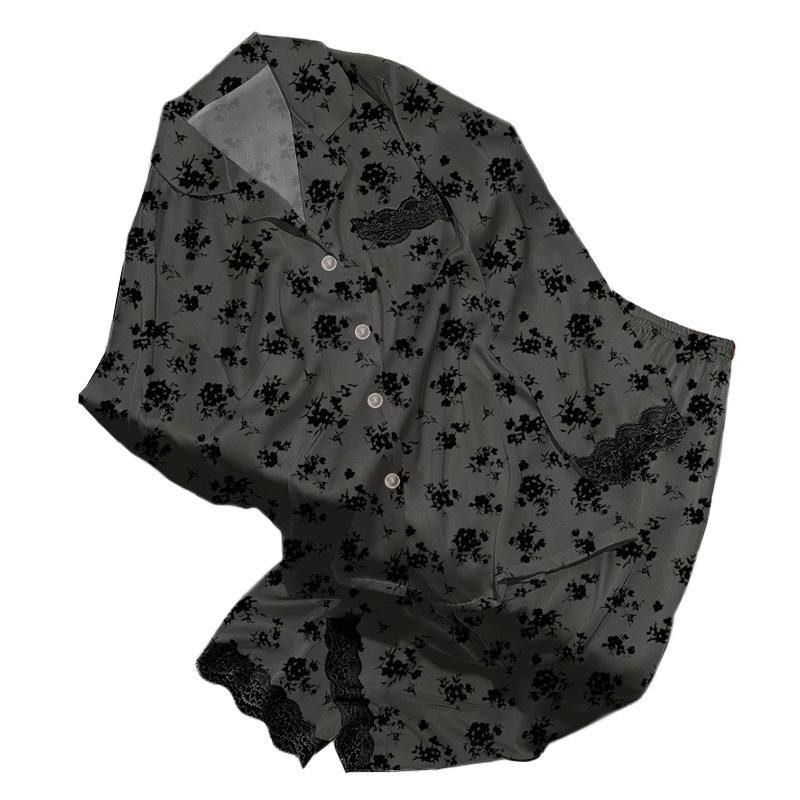 Black Floral Ice Silk Pajamas Women'S Spring Long-Sleeved Lace Lace Fashion Loungewear Set